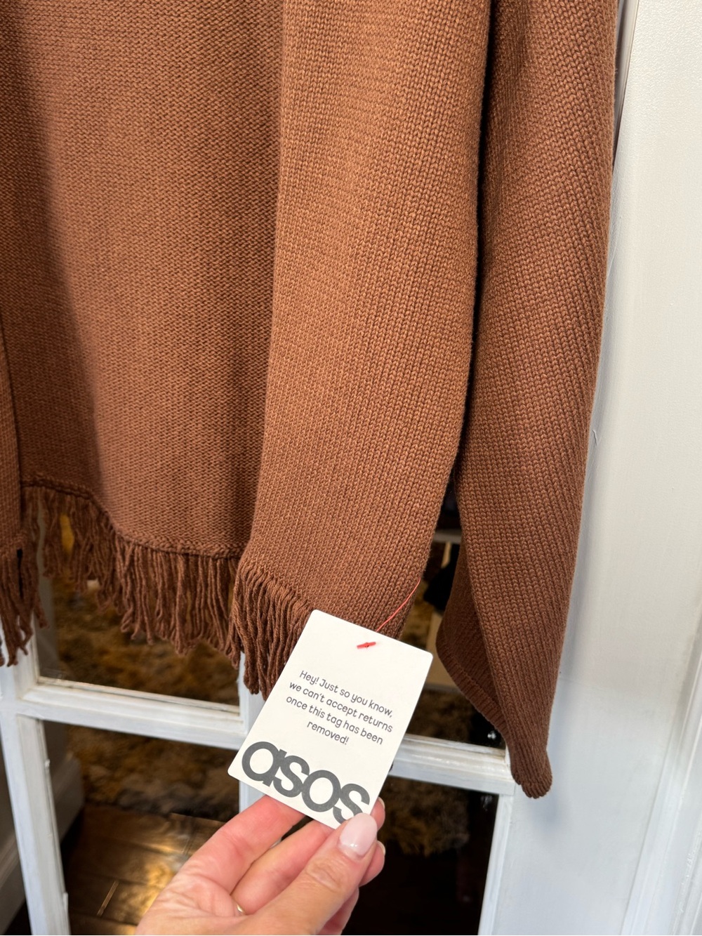 🌰 ASOS Brown Open-Front Fringe Hem Cardigan Sweater Top Boho 🌰 - Picture 3 of 7